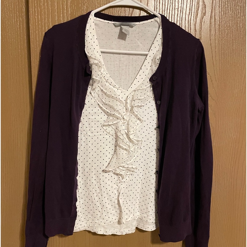 Purple Gap Cardigan with Black & White Sleeveless H&M Blouse